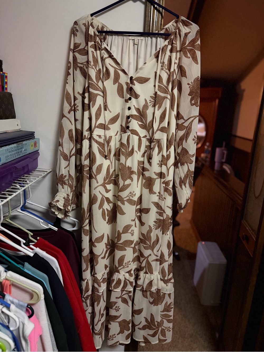 Boho Cream Maxi Dress with Brown Botanical Print